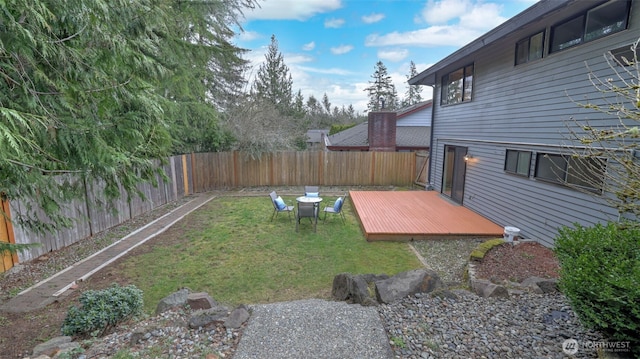 view of yard featuring a wooden deck and a fenced backyard