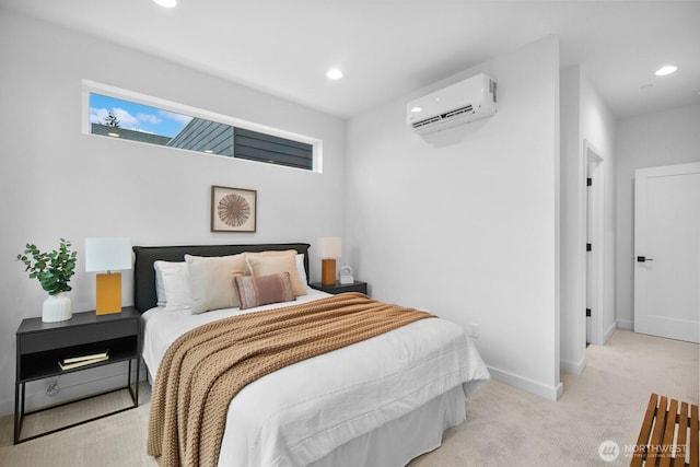 carpeted bedroom featuring recessed lighting, baseboards, and a wall unit AC