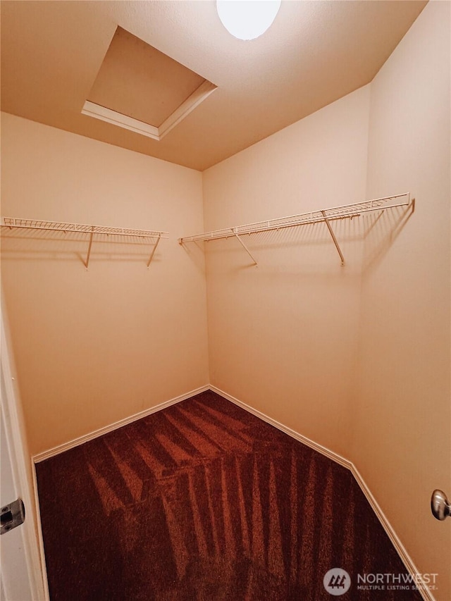 spacious closet featuring dark carpet and attic access