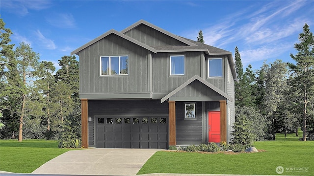 view of front of home with a garage, driveway, a front yard, and a shingled roof