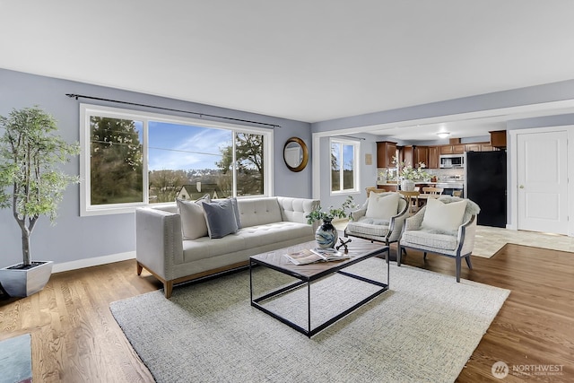 living area featuring baseboards and light wood finished floors