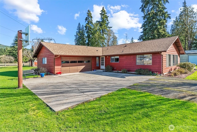 single story home featuring a front yard, a garage, driveway, and roof with shingles