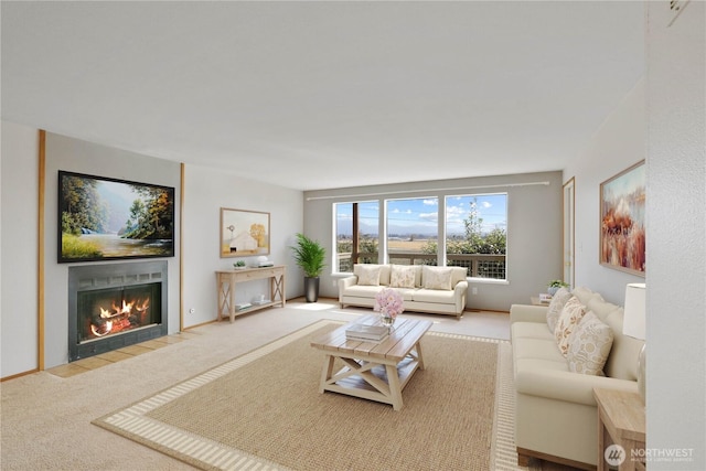 living area with a fireplace with flush hearth and carpet