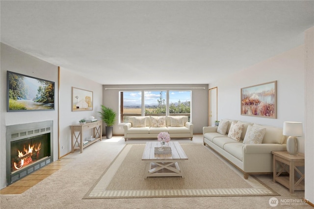 living area featuring a fireplace with flush hearth and carpet floors