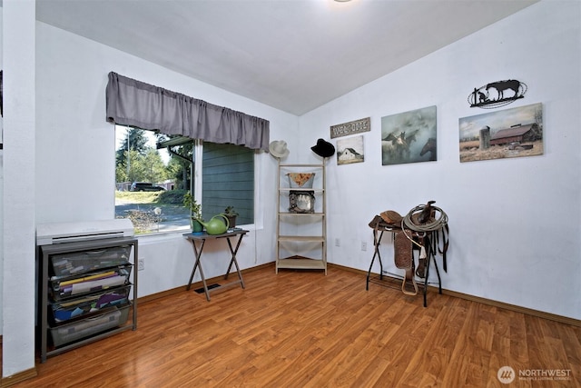 misc room featuring wood finished floors, baseboards, and vaulted ceiling