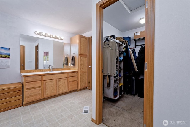 bathroom with a spacious closet, visible vents, and vanity