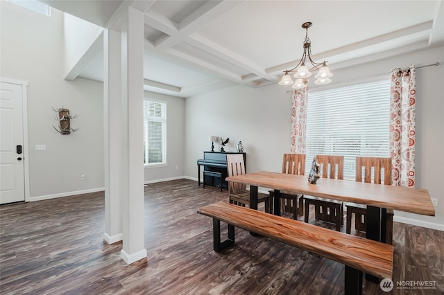 dining area featuring beamed ceiling, a notable chandelier, coffered ceiling, wood finished floors, and baseboards