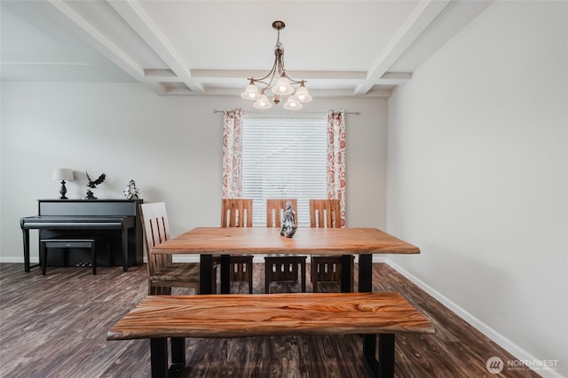 dining room with beamed ceiling, coffered ceiling, baseboards, and wood finished floors