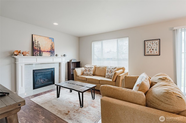 living room featuring a fireplace with flush hearth, wood finished floors, recessed lighting, and a healthy amount of sunlight