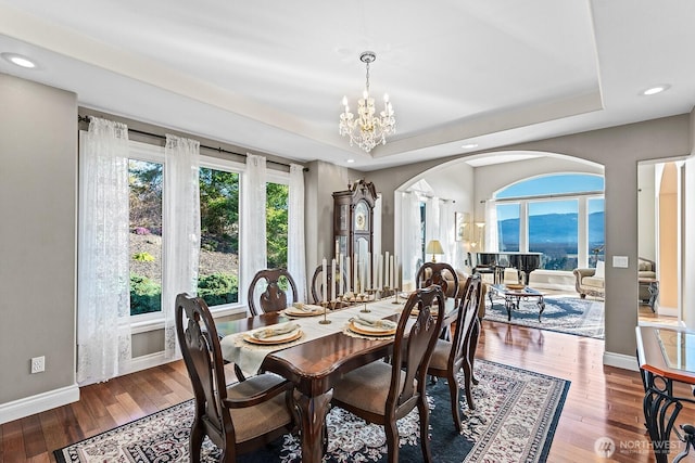 dining room with a wealth of natural light, a tray ceiling, an inviting chandelier, and wood-type flooring