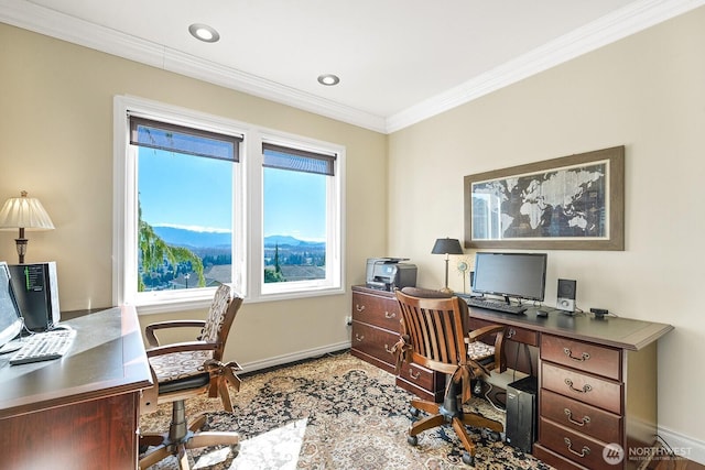 home office featuring recessed lighting, baseboards, and ornamental molding