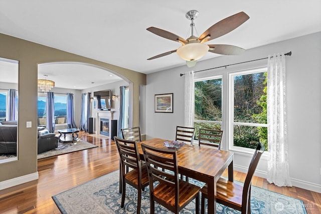 dining room with hardwood / wood-style floors, a fireplace with flush hearth, arched walkways, and baseboards