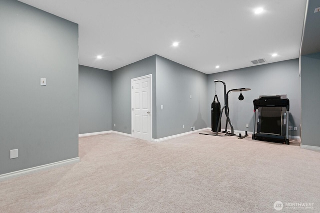 workout room with recessed lighting, visible vents, baseboards, and carpet