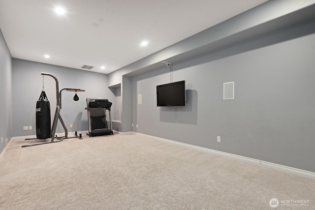 workout area featuring recessed lighting, carpet, visible vents, and baseboards