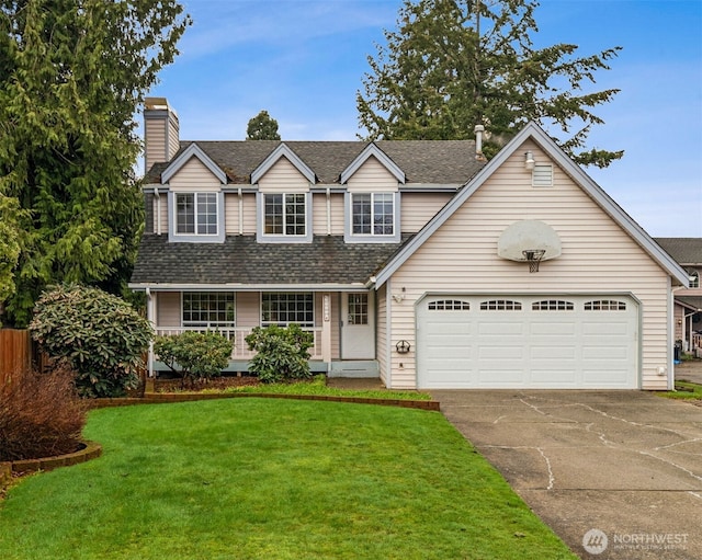 traditional home featuring a front lawn, driveway, a porch, roof with shingles, and a garage