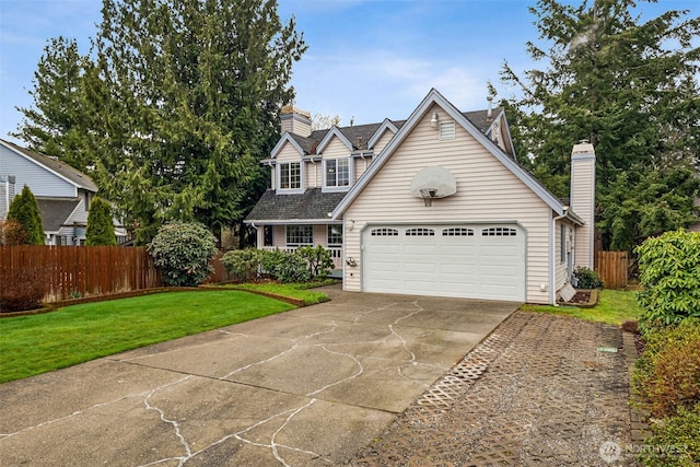 view of front of home featuring fence, concrete driveway, a front yard, a chimney, and a garage