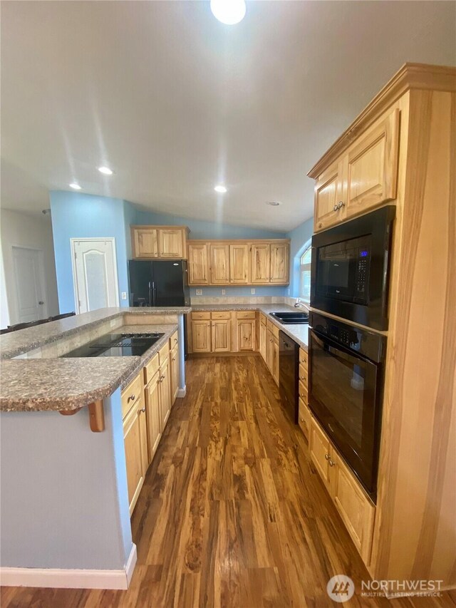 kitchen with light brown cabinetry, dark wood-style floors, black appliances, and a sink