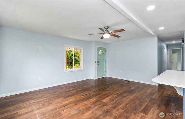 unfurnished living room featuring dark wood-type flooring, ceiling fan, baseboards, beamed ceiling, and recessed lighting