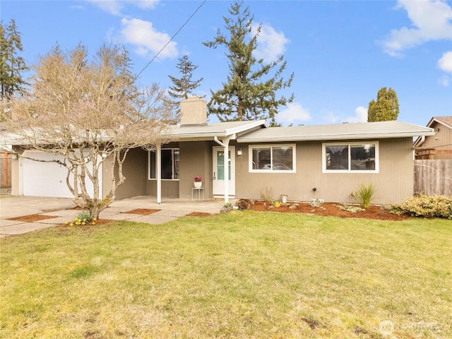 single story home featuring a chimney, a garage, concrete driveway, and a front lawn