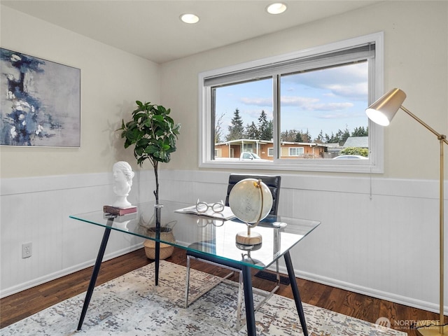 office with recessed lighting, wood finished floors, and a wainscoted wall