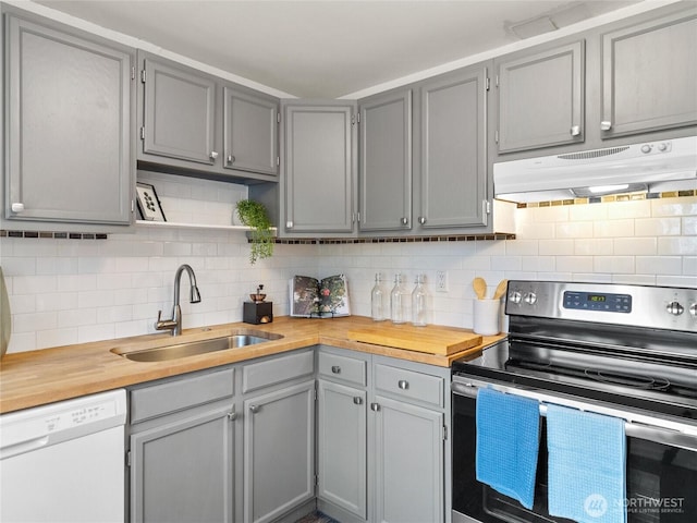 kitchen featuring gray cabinets, a sink, under cabinet range hood, stainless steel electric stove, and white dishwasher