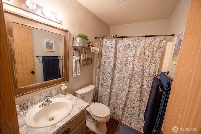 full bathroom featuring vanity, a shower with shower curtain, a textured ceiling, toilet, and a textured wall