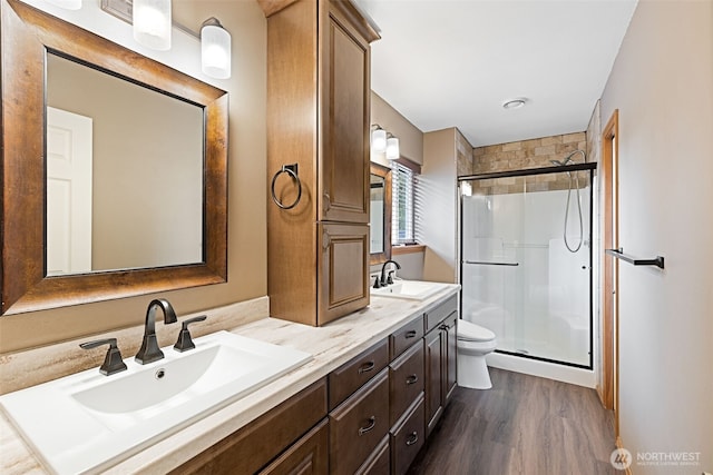 full bathroom featuring a sink, toilet, a stall shower, and double vanity