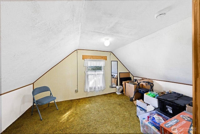 bonus room with lofted ceiling, carpet flooring, and a textured ceiling