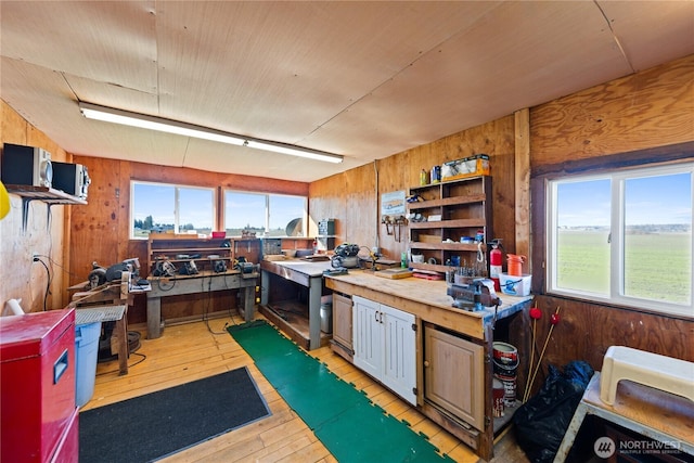 kitchen featuring wooden walls and light wood-type flooring