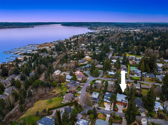 aerial view featuring a water view