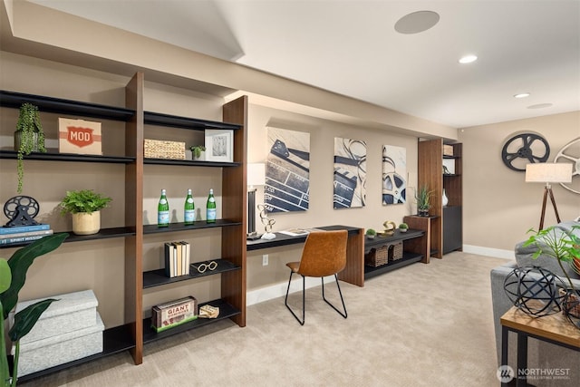 office with recessed lighting, baseboards, carpet floors, and built in desk