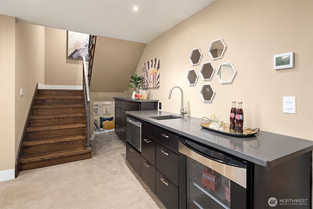 bar with wine cooler, stairs, light carpet, a warming drawer, and a sink