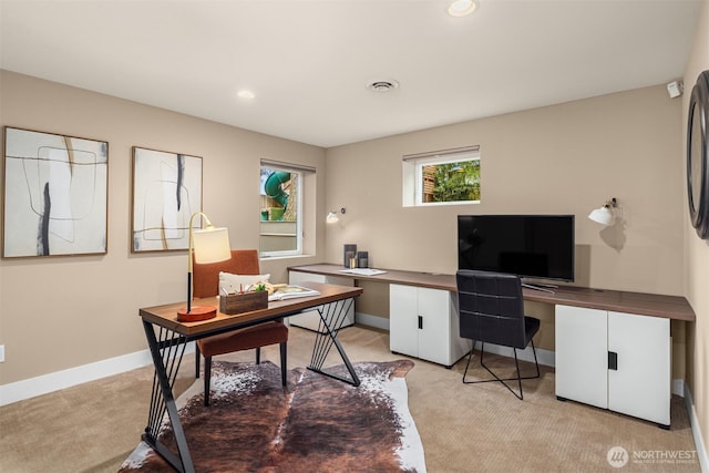 office space with recessed lighting, baseboards, visible vents, and light carpet