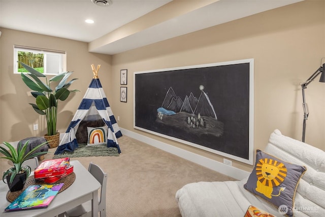 playroom featuring recessed lighting, baseboards, and carpet flooring