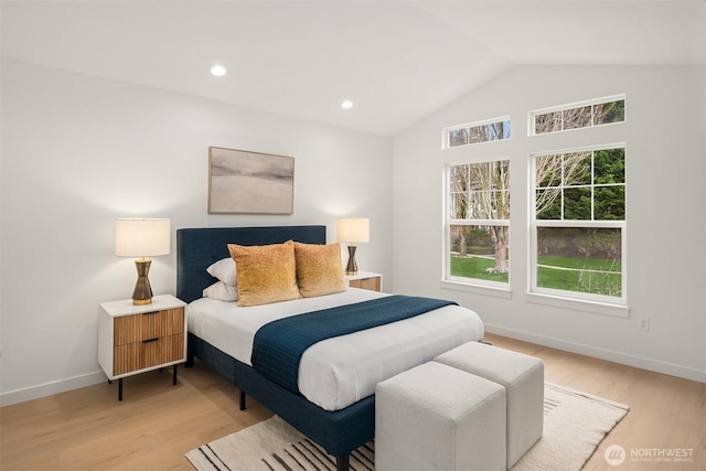 bedroom featuring recessed lighting, baseboards, light wood-type flooring, and lofted ceiling