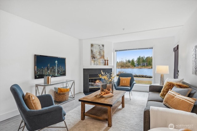 living area featuring baseboards, wood finished floors, and a glass covered fireplace