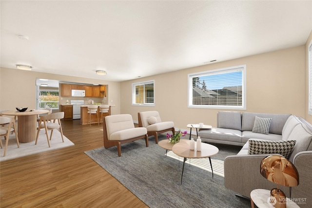 living area featuring light wood finished floors and visible vents