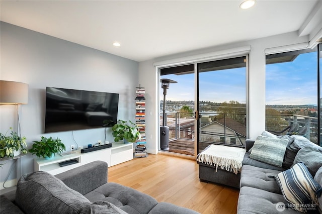 living area with recessed lighting and wood finished floors