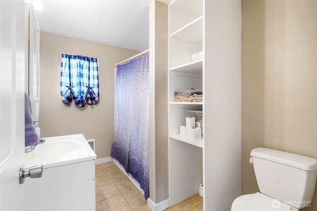 bathroom with visible vents, curtained shower, toilet, tile patterned floors, and vanity