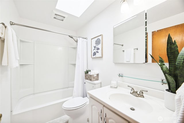 full bath with visible vents, toilet, a skylight, shower / bath combination with curtain, and vanity