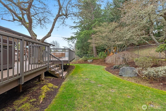 view of yard featuring a deck and fence