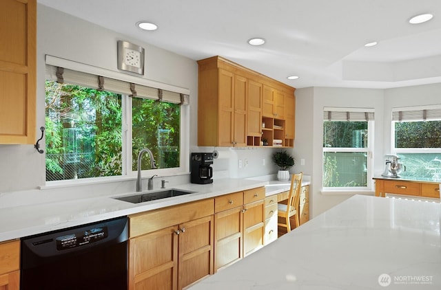 kitchen featuring a sink, open shelves, dishwasher, and recessed lighting