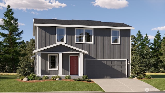 view of front of home featuring an attached garage, driveway, a front lawn, and board and batten siding