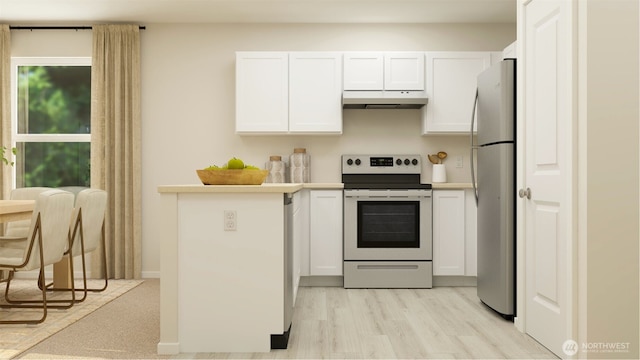 kitchen with electric range, light wood-style flooring, freestanding refrigerator, under cabinet range hood, and white cabinetry