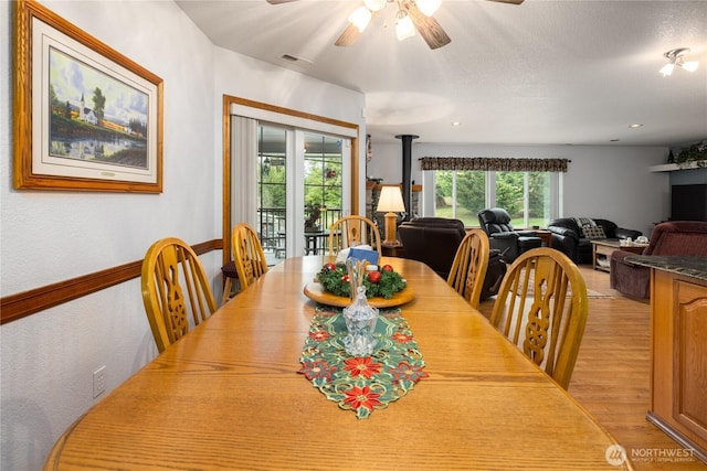 6084 Gartin Pl, Sedro Woolley, WA 98284 - dining area with visible vents, a ceiling fan, recessed lighting, light wood-style floors, and a wood stove