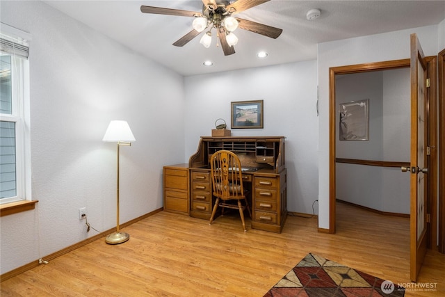 6084 Gartin Pl, Sedro Woolley, WA 98284 - office area with recessed lighting, a ceiling fan, light wood-type flooring, and baseboards
