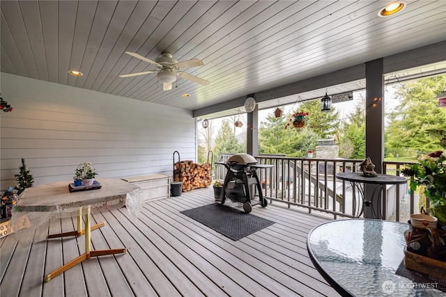 6084 Gartin Pl, Sedro Woolley, WA 98284 - wooden terrace featuring outdoor dining space, a grill, and ceiling fan