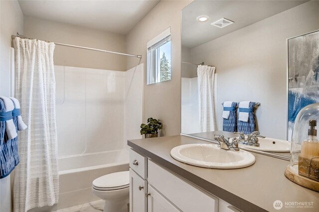 full bath featuring visible vents, shower / bathtub combination with curtain, toilet, and vanity