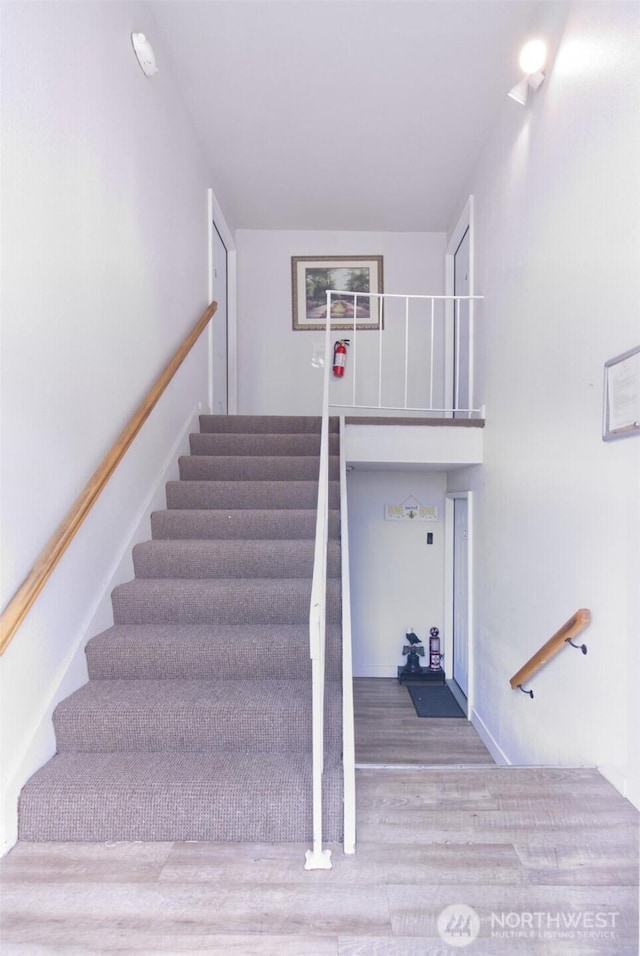 stairway featuring wood finished floors