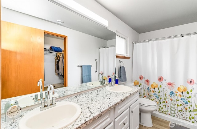 bathroom with a sink, toilet, and double vanity